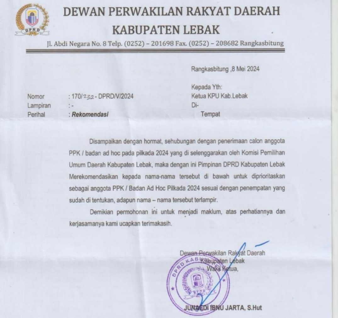 Viral Surat Sakti dari DPRD Lebak, Untuk Loloskan Seleksi Anggota  PPK
