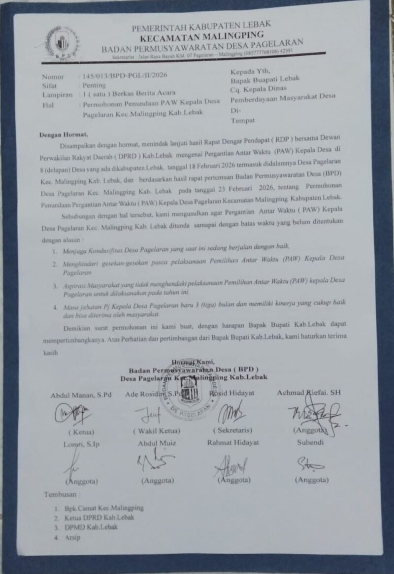 BPD Pagelaran Tolak PAW Kades 2026, Surati Bupati Lebak